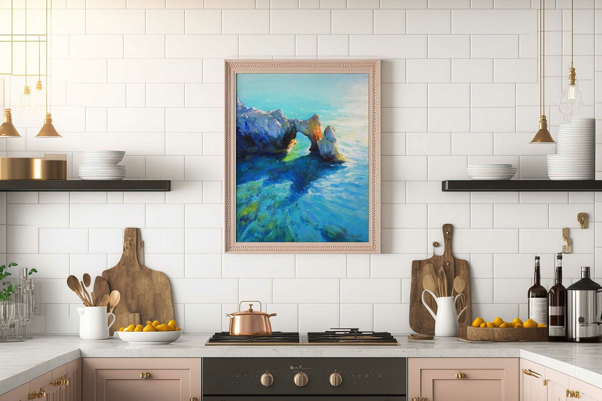 nautical art in a colorful kitchen